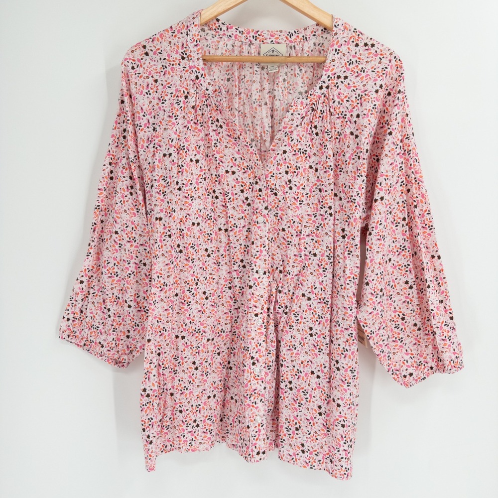 St John's Bay Blouse Women XXL Pink Floral Office Modest Boho Cottagecore Top